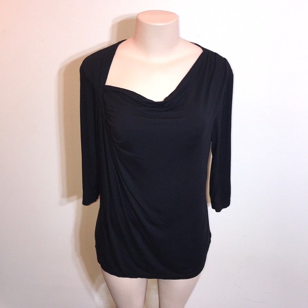 Knit by Hampshire Studio Black Draped Cowl Neck 3/4 Sleeve Top M Soft Stretch